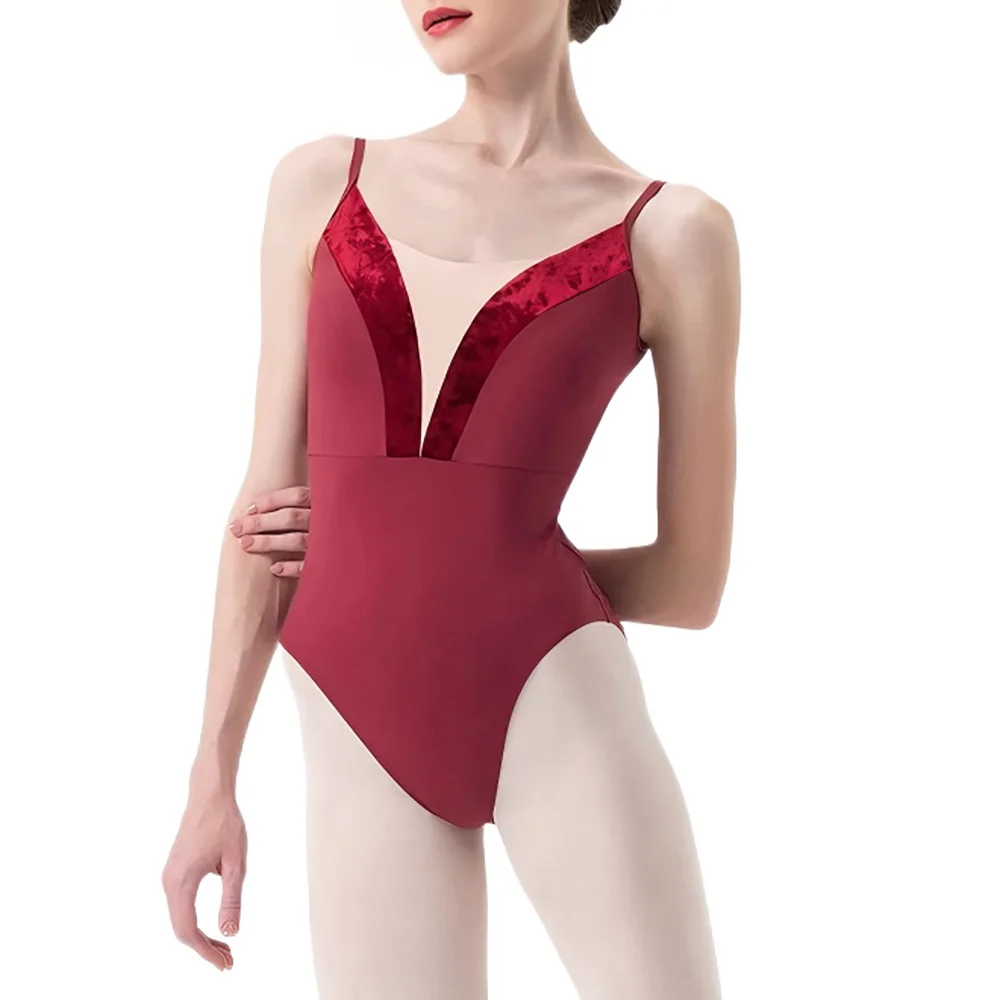professional-adult-ballet-dance-leotard-velvet-panel-v-front-ruched-deep-back-adjustable-straps-gymnastics-training-jumpsuit