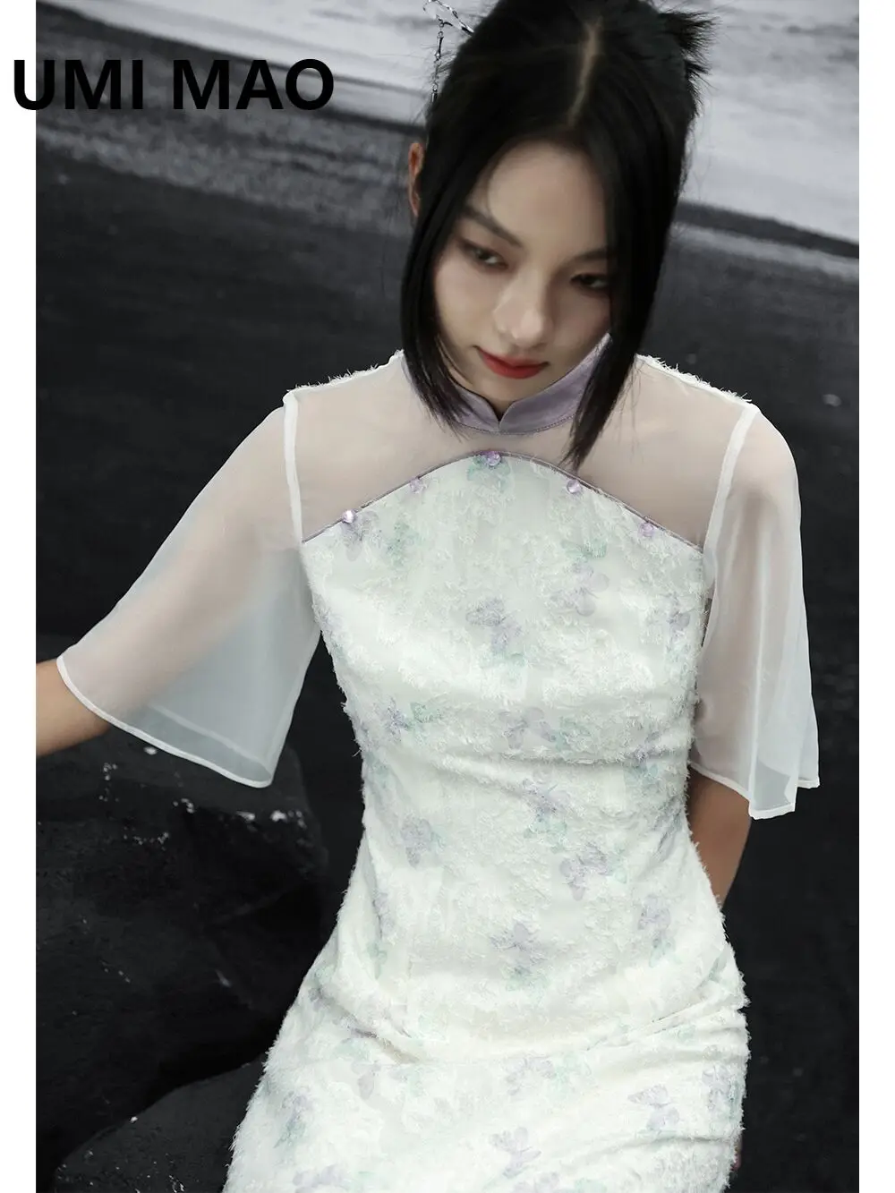 

UMI MAO New Chinese Style Qipao Dress Women's Vintage Chinese Style Butterfly Cut White Dress Elegant Y2K