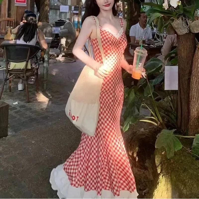 

Women Summer Red Plaid Maxi Dress Spaghetti Strap Lace Trim Ruffle Hem Slim Fit Long Dress Elegant Vacation Beach Outfit 2025