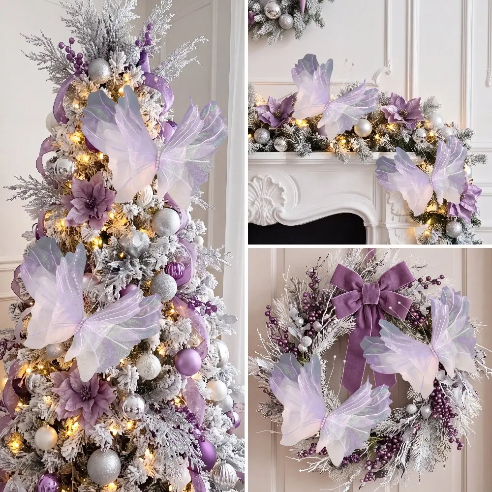 3 pieces of large-sized hanging Christmas butterfly decorations, laser-sheen synthetic butterflies, Christmas tree decorations,
