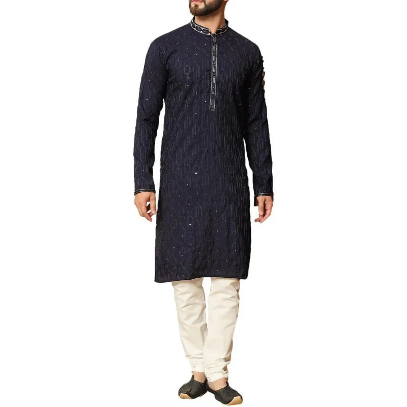 SK131 Men's Navy Blue Kurta Pajama Set Indian Party Suit (36)