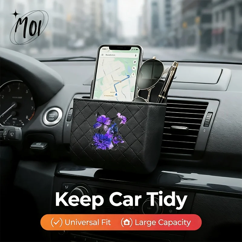 1pc Purple BFL and Flower Car Vent Hanging Storage Box Car Organizer Multifunctional Phone Holder PU