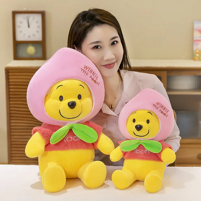 New Disney Anime Peach Winnie Bear Hooded Plush Toy Sleep Pillow Cartoon Cute Soft Stuffed Dolls Kawaii Decoration Kids Gifts