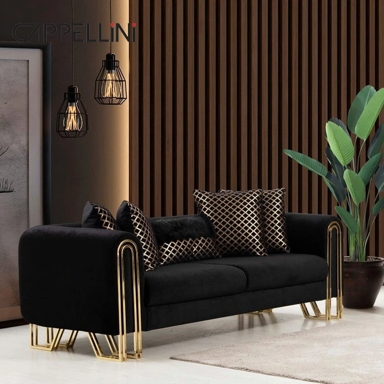 

High End Italian Luxury 3 Seater Sectional Couch Sofa Modern Design Black Fabric Sofa Set Furniture Living Room Velvet Sofa