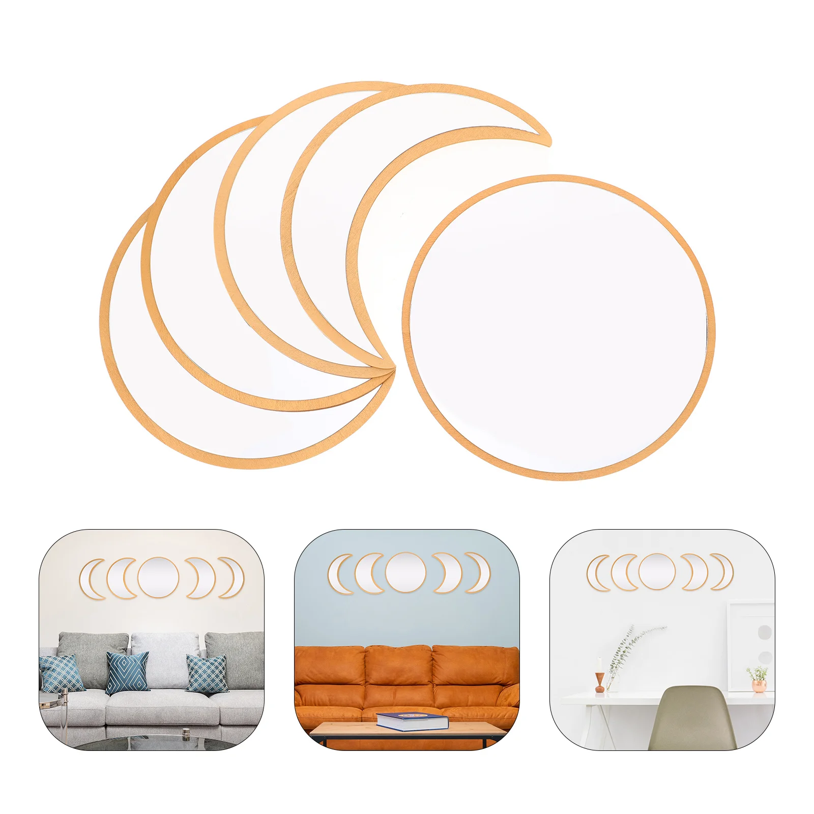 

5Pcs Phase Wall Mirror Wooden Frame Acrylic Decorative Hanging Bedroom Wall Decor Unique Home Accent