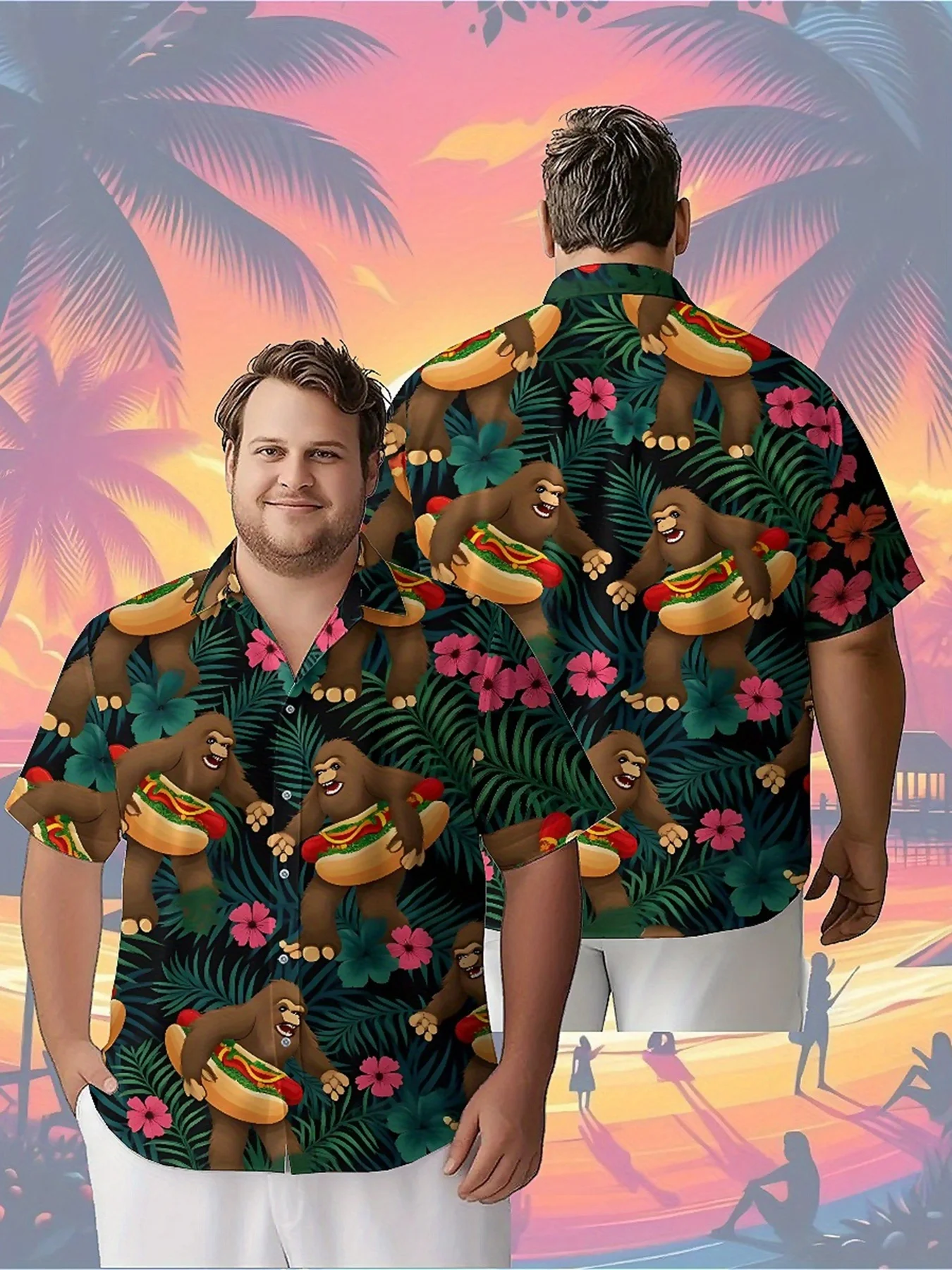 Men's Plus Size Hawaiian Shirts Gorilla Hot Dog Party with Jungle pattern,Unisex Baggy Aloha Shirts,summer Alternative Clothing