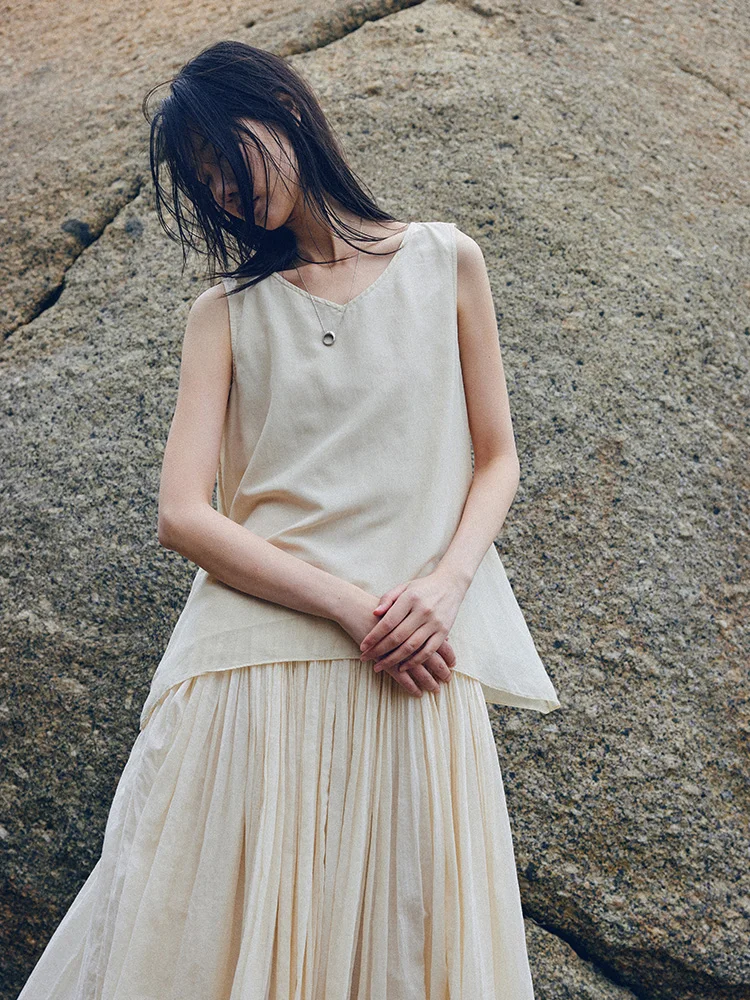 

Женский двухслойный жилет из шелка и хлопка с V-образным вырезом, асимметричный, свободного кроя, летний, однотонный