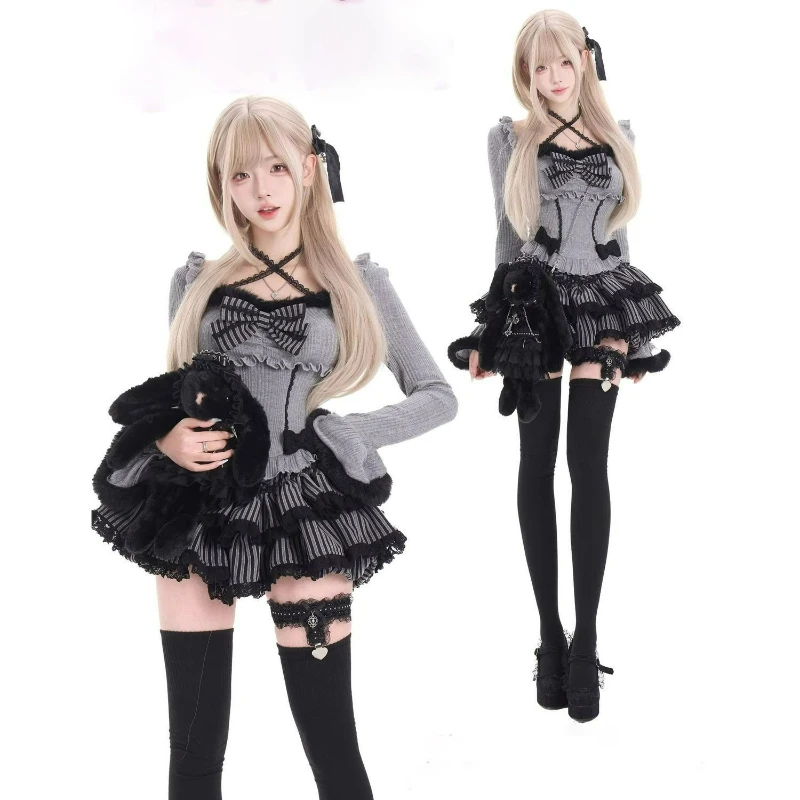 Japanese Gothic Y2k Lolita Style Skirt Set Women Sweet Lace Patchwork Bow Top Kawaii Stripe Mini Skirts Vintage Elegant Outifits image 2