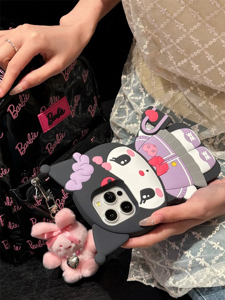 Bolsa sanrio bonito olá kitty kuromi para iphone 16 15 14 13 12 11 pro max kawaii y2k 3d dos desenhos animados silicone capa macia