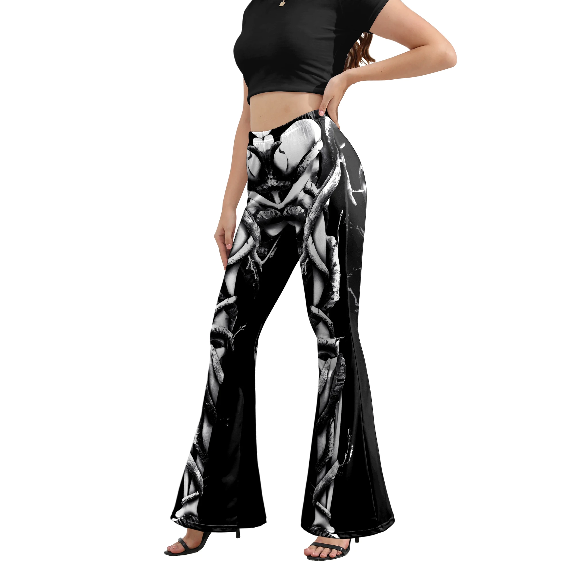 NADANBAO Fashion Women's Flared Pants Black Skull Print Casual Halloween Party Clothing Leggings For Ladies Bell Bottoms