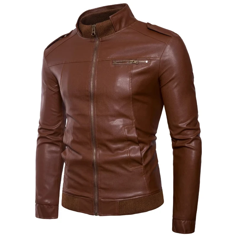 Nova jaqueta de couro masculina jaqueta de motocicleta, gola alta moderna, jaqueta de couro masculina elegante e emagrecedora