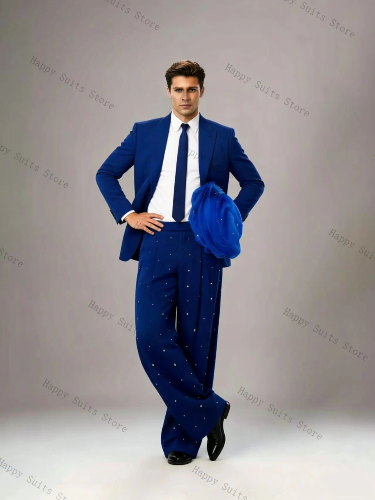 

Crystals Men Suit Set 2 Pcs Blue Blazer+Pants Trousers 3D Flower Formal Office Coat Wedding Tuxedo Customized Jacket Outfit