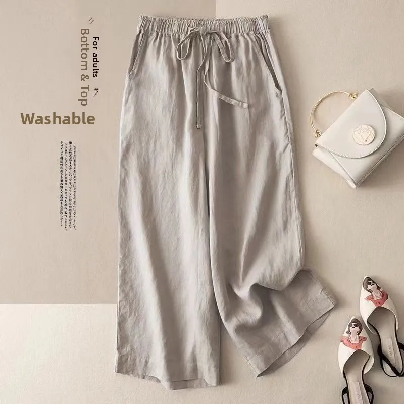 

High Waist Wide Leg Cotton Linen Casual Pants Nine Points Skinnies Thin Sle Commute Vintage Loose Fit Trousers for Women