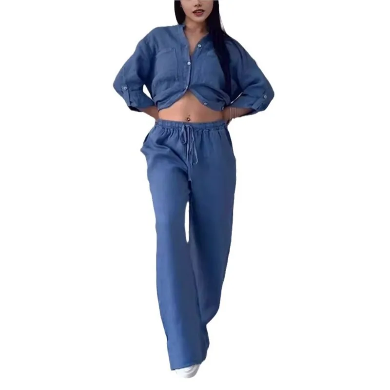 Two Piece Sets Loose Long Sleeve Shirts Wide Leg Pants 2 Piece Set Fashion Women Spring Autumn Office Shirts Pant Suit Outfites