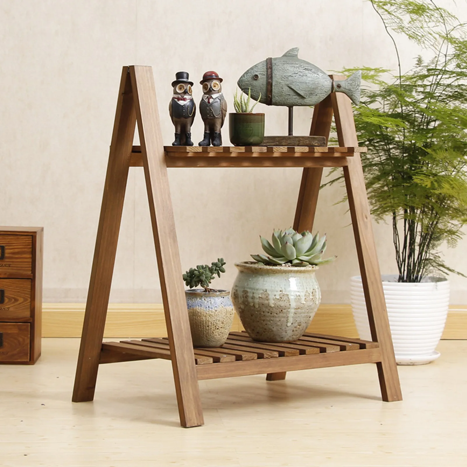 Foldable Durable Plant 2 Household Display Trapezoidal Tier Rack Stand Wooden Double-layer Rugged Flower Design Pot And Shelf