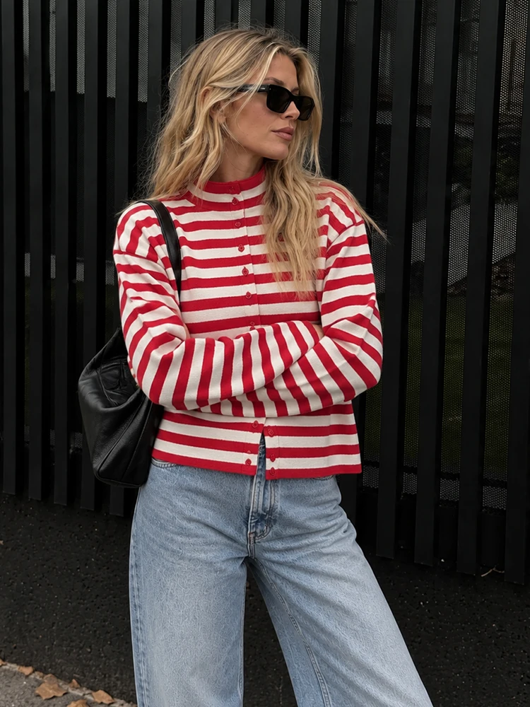 HH Women Chic Cropped Striped Knit Cardigan Spring Fall Stripe Stand Collar Front Buttons Soft Knit Outerwear For Daily Street