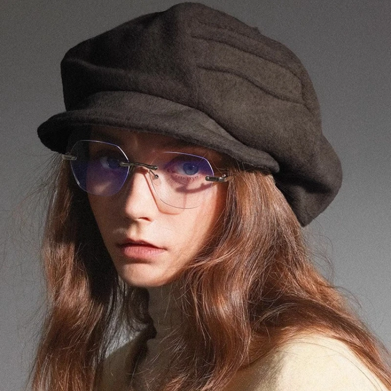 100% Wool Beret Coffee-Coloured Octagonal Hats for Women Woolen Wide-Brimmed Artist's Hat Cloud-Patterned Newsboy Cap Boinas