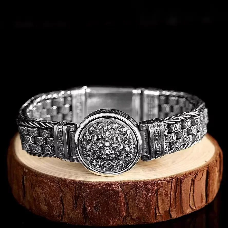 New Silver Color Men Bracelet Large and Domineering Beast Gluttonous Pixiu Tide Men's Retro Woven Men's Bracelet Jewelry