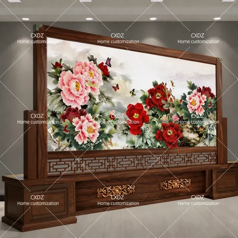 Chinese Solid Wood Seat Screen Office Decorative Partition with Calligraphy Text Simple Modern Style Customizable Room