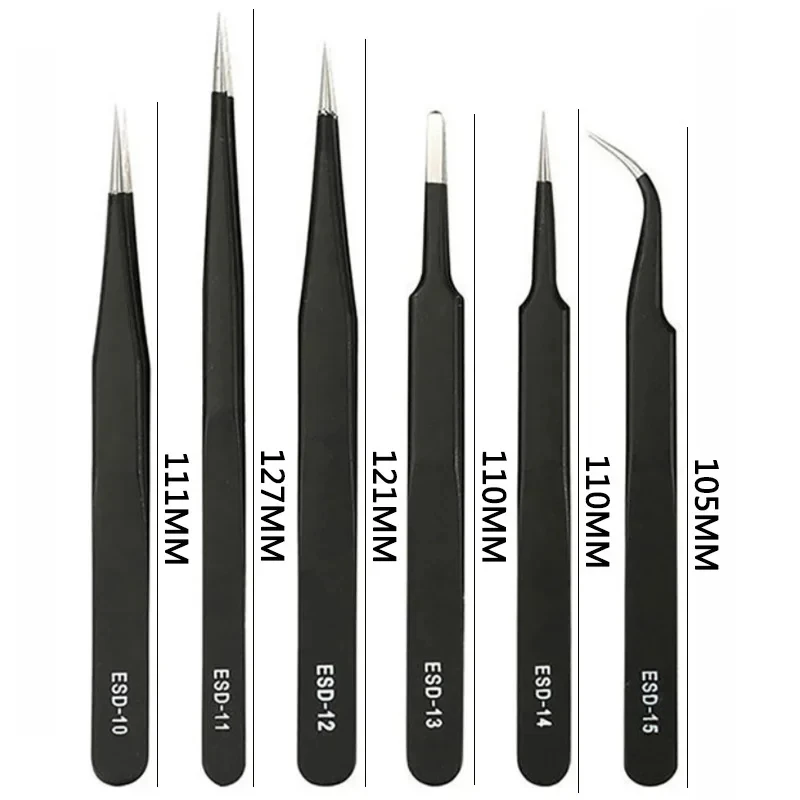 6PCS Anti-Static Stainless Steel Tweezers Set for Electronics Phone Repairing Tool Eyebrow/Eyelash Tweezers