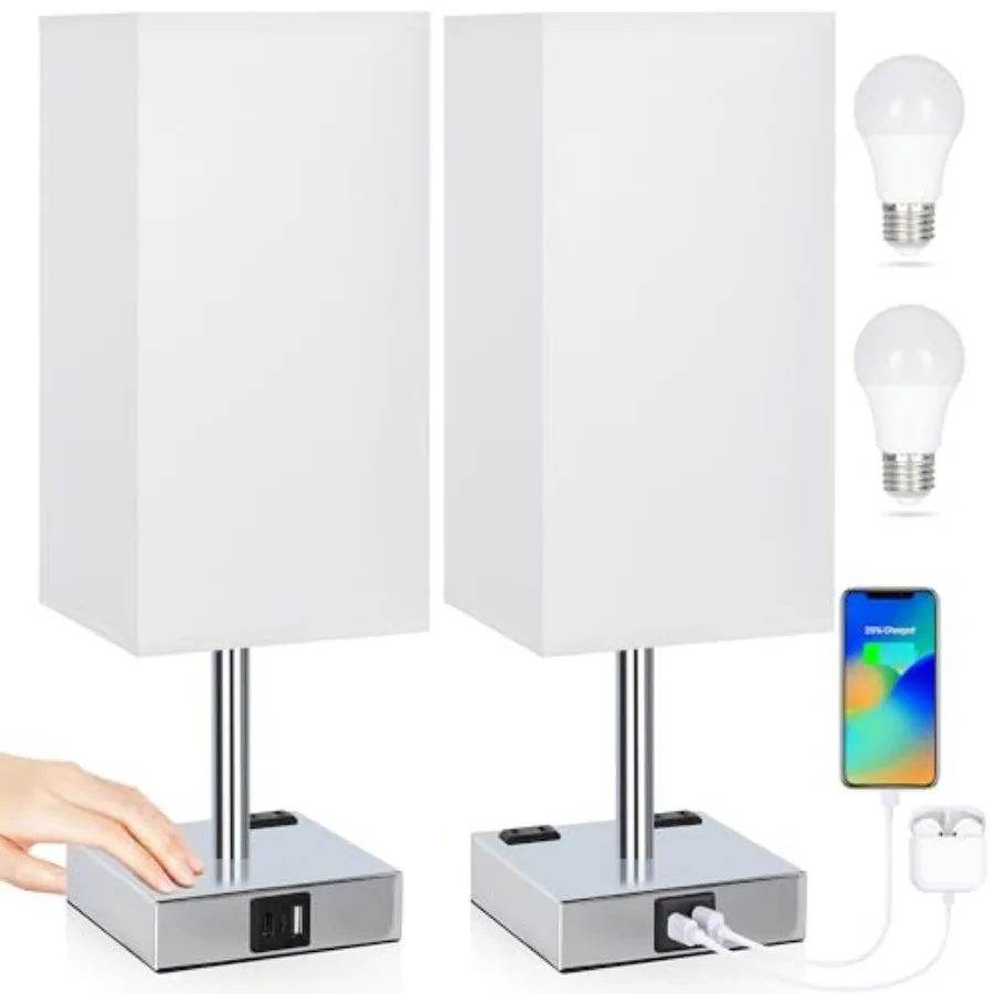 

Набор из 2 прикроватных ламп с 3-ступенчатой регулировкой яркости, USB-C и USB-A портами для зарядки, 2 розетками переменного тока и светодиодными лампами 3000K