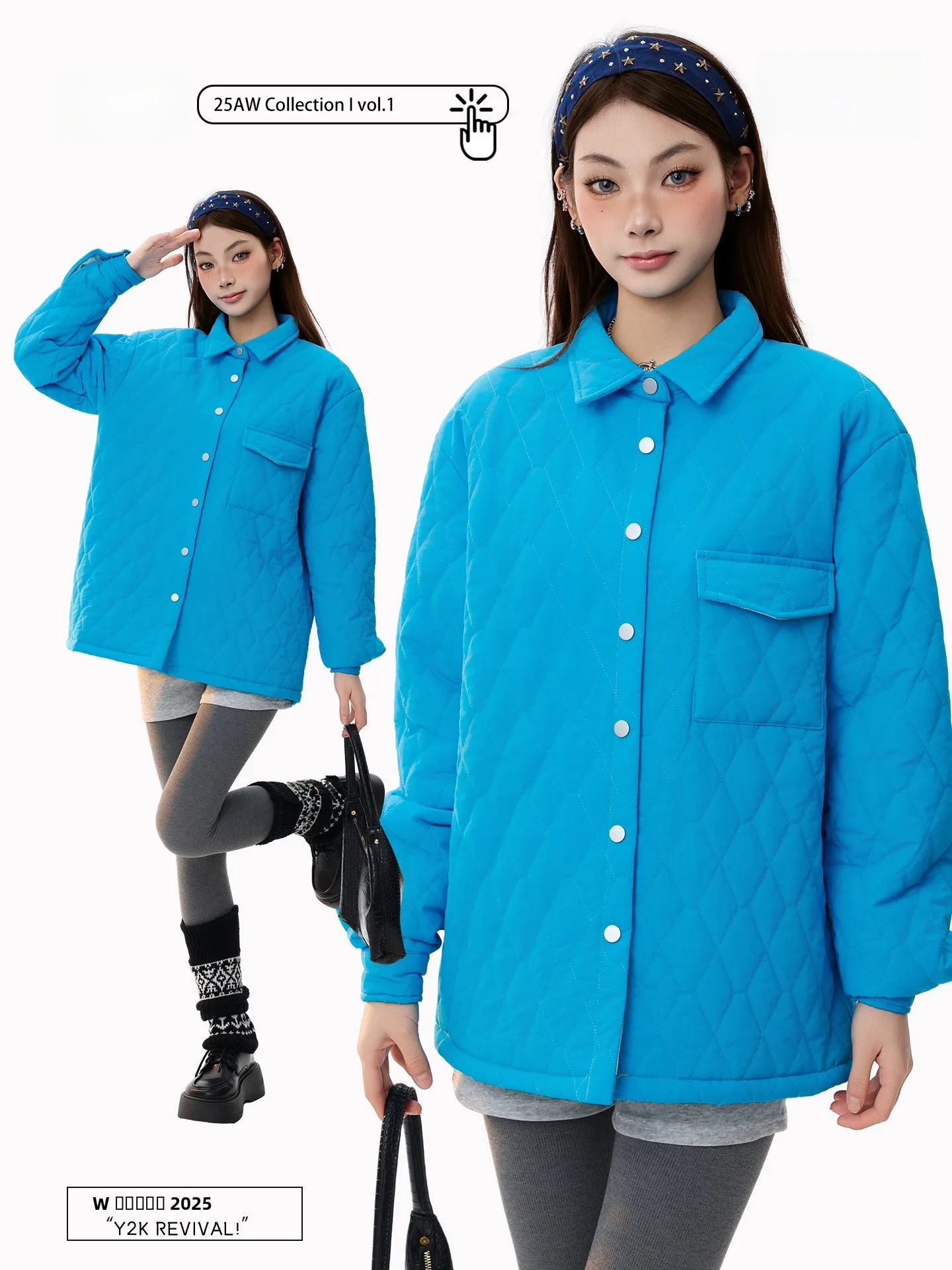 

Thiened Cotton Jaet Women's Commuter Warmth Diamond Pattern American Retro Sle PBB Lake Blue Fall Winter Coat