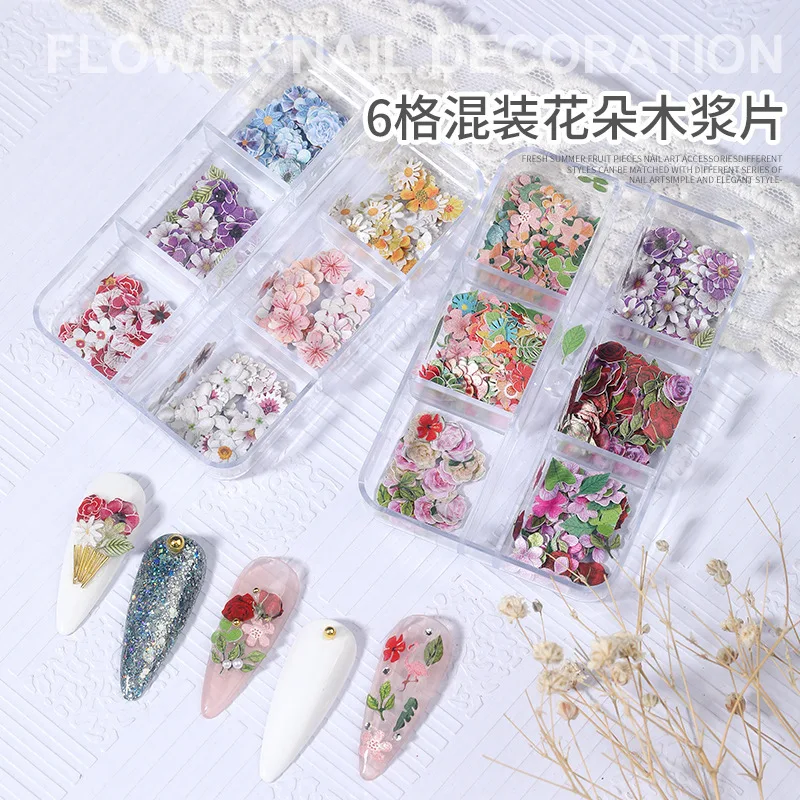 Accesorios para Decoración de Uñas DIY, 50 Piezas/Caja, Flores de Pulpa de Madera, Chips de Resina Epoxi, Rellenos Decorativos de Papel, Flores para Arte de Uñas