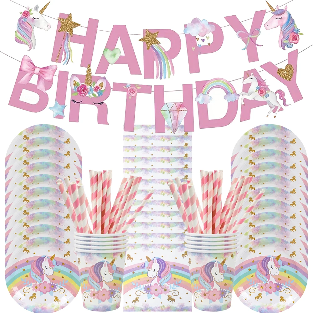 Einhorn Einweggeschirr Rosa Einhorn Regenbogen Teller Tasse Tischdecke für Geburtstagsfeier Babyparty Zubehör Urlaubsdekoration