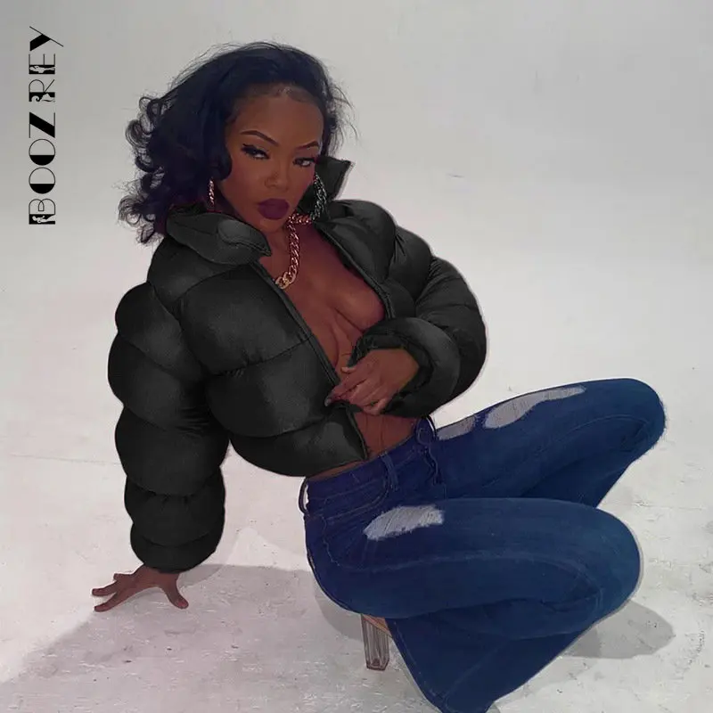 BoozRey Sexy Short Padded Jacket Women's Winter Girl Streetwear Cool Zipper Parkas Womens Winter Clothing 2022 Punk Coat Outfits