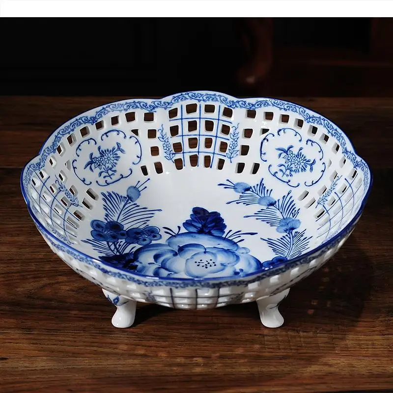 Blue and White Ceramic Plate Four-legged Fruit Hollow Snack Tray Dried Plates Salad Bowl Dish Decor Tableware