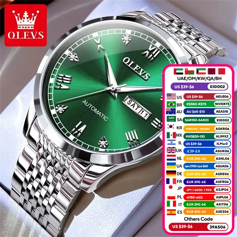 Mans Wrist Watch OLVES 6602 Automatic Mechanical Classic Watches For man Stainless Steel Strap Waterproof Luminous Date Week