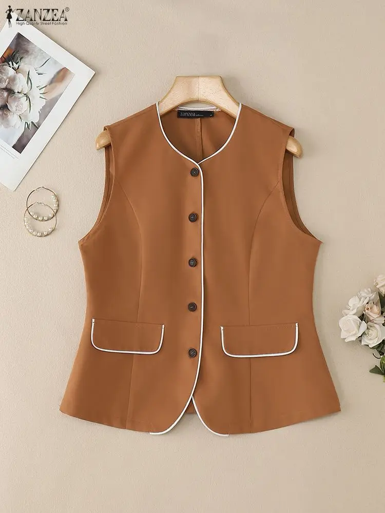 

Women's Vests Tops Elegant Chic Contrast-Piping O-Neck Sleeveless Button Up Solid Color Waistcoats ZANZEA Woman Fashion Clothes