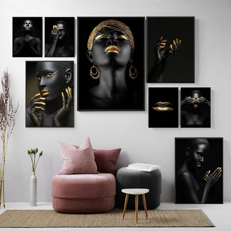 Black Modern Golden African Woman Canvas Wall Art Paintings Fashion Girl Luxury Poster and Prints Living Room Home Decor Cuadros