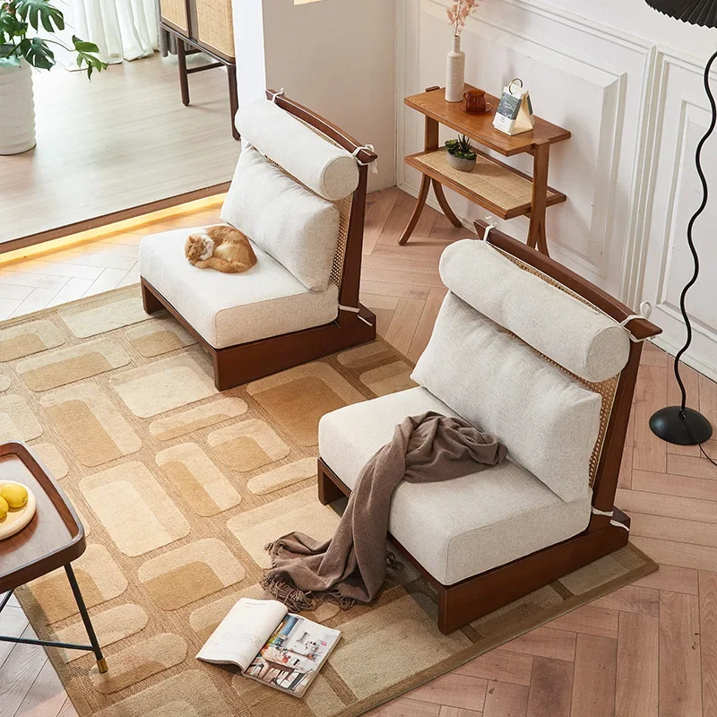 Wabi Sand Wind Rattan Leisure Chair Living Room Household Soft Bag Fabric Sofa Chair Single Homestay Solid Wood High Backrest