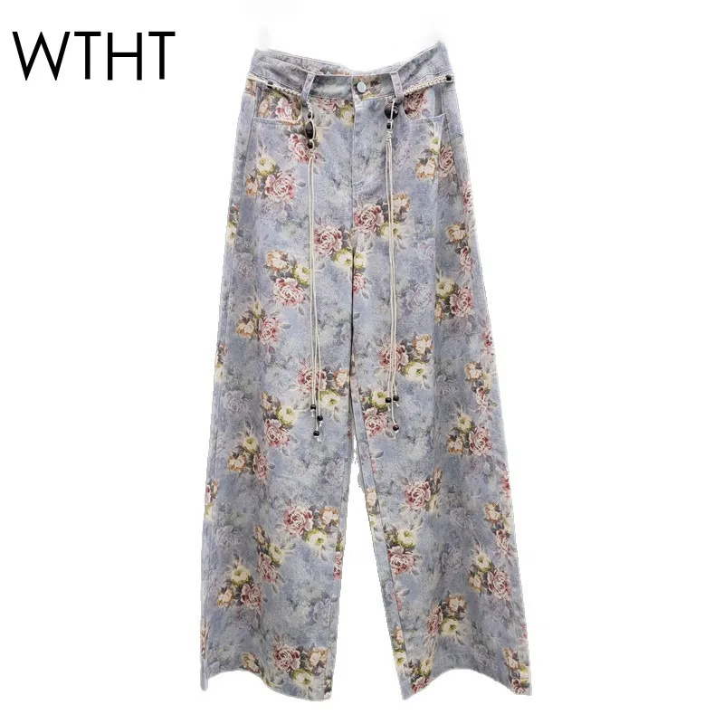 

WTHT Fashion Women's Flower Print High Waist Straight Jeans 2025 Summer Trendy New Wide Leg Denim Pants Female 1LS1948