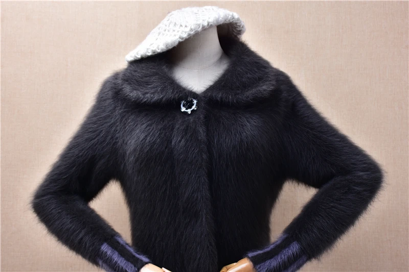 Ladies Women Autumn Winter Fashion Hairy Plush Mink Cashmere Knitted Turn-Down Neck Slim Cardigans Angora Fur Sweater Jacket Top