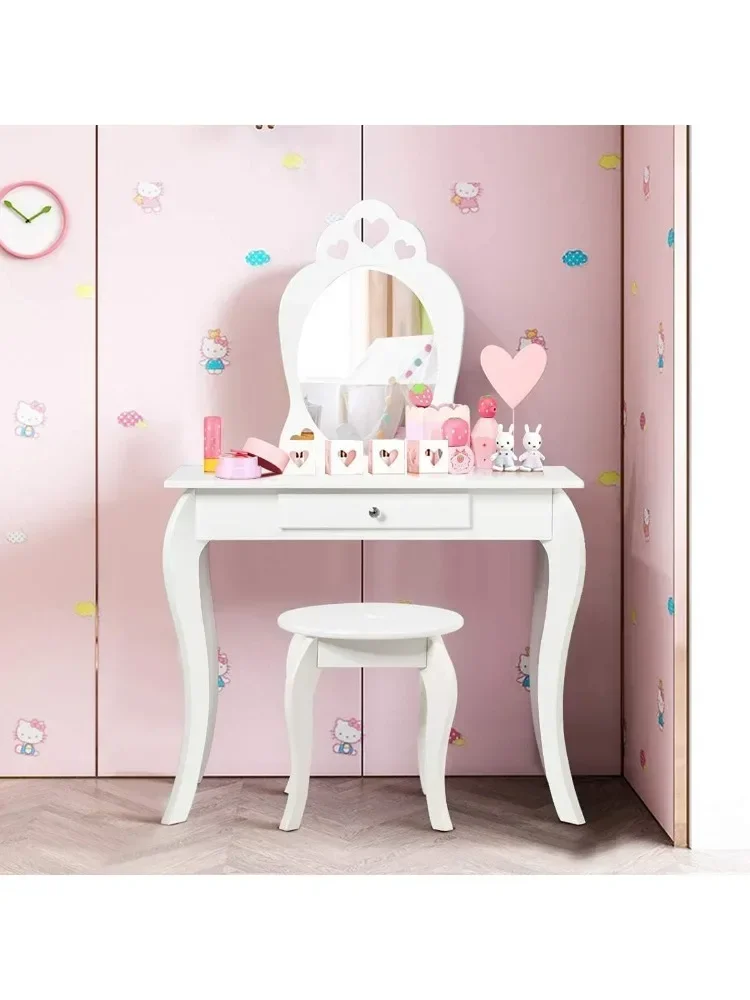 Kids Vanity Set with Mirror, Toddler Wooden Vanity Table with Stool & Drawer, Princess Pretend Play Beauty Makeup Dressing Table