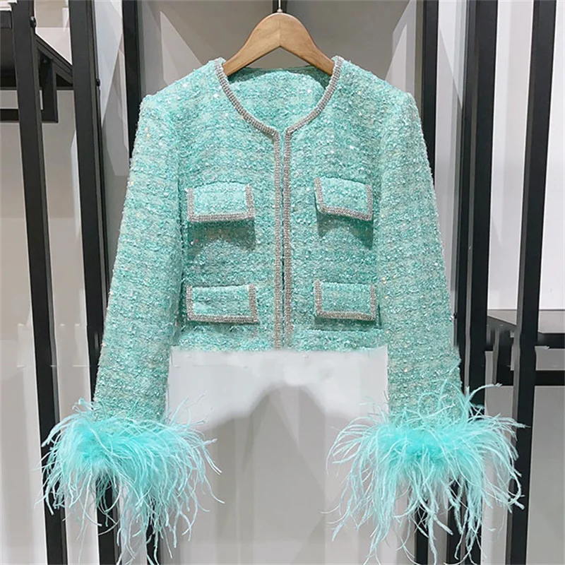 Women jacket 2024 autumn New outerwears Fashion sequin decorative tweed Long sleeved top Feather patchwork Women coat y2k Blouse