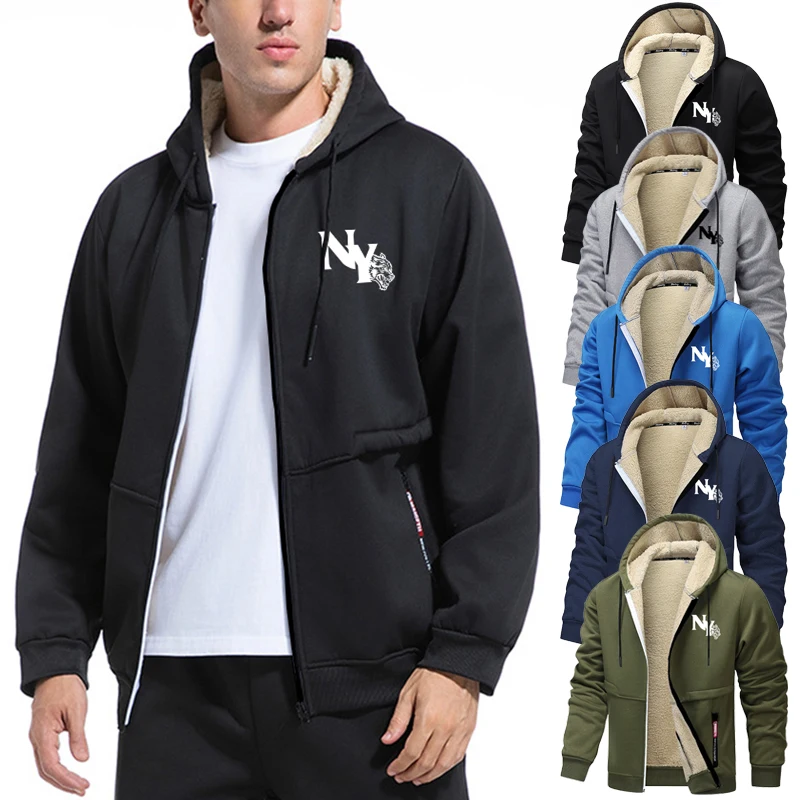 

Letter Print Fleece Lined Jacket for Men Winter Warm Sherpa Plush Outerwear Tops Casual Zip Up Hooded Coat with Zipper Pocket