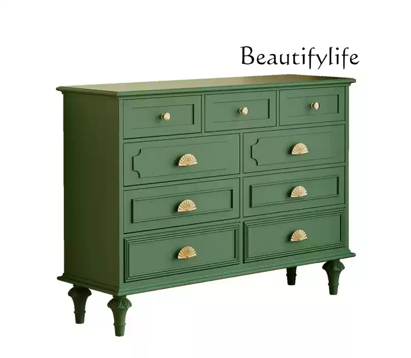 American retro green nine-chest cabinet solid wood living room entrance bedroom bedside chest against  wall medieval furniture