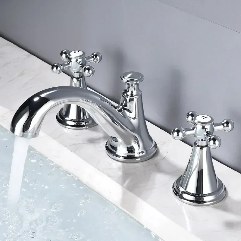 DurableBathroom Three Hole Double Handle Basin All Copper Double Switch Faucet European Split Dual Control Cold And Hot Faucet