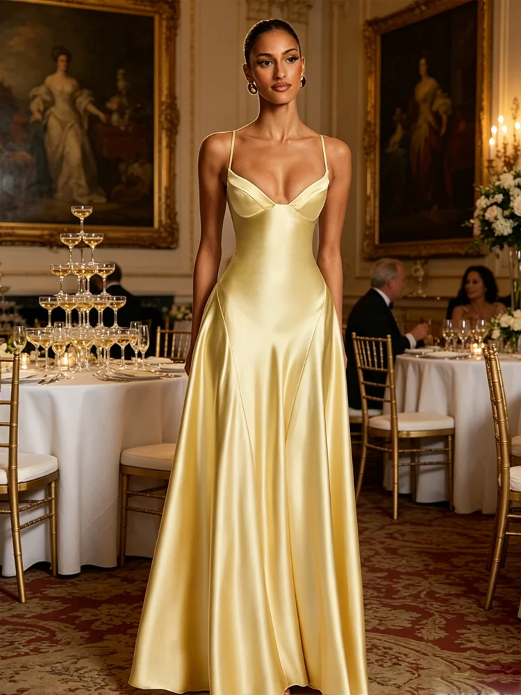Kliou Silky Satin Sling Dress Woman Summer Trend Low-Neck Backless Shape Waist Midnight Prom Party Ruched Elegant Long Bodycon