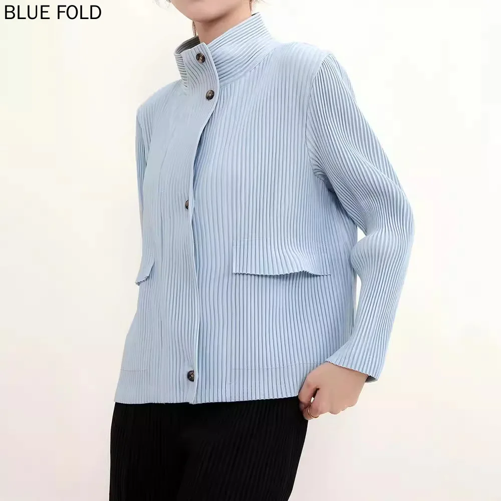 MIYAKE Pleats Solid Color Stand Collar Single-breasted Toothpick Pleated Cardigan Versatile Casual Jacket Long Sleeve Commuter