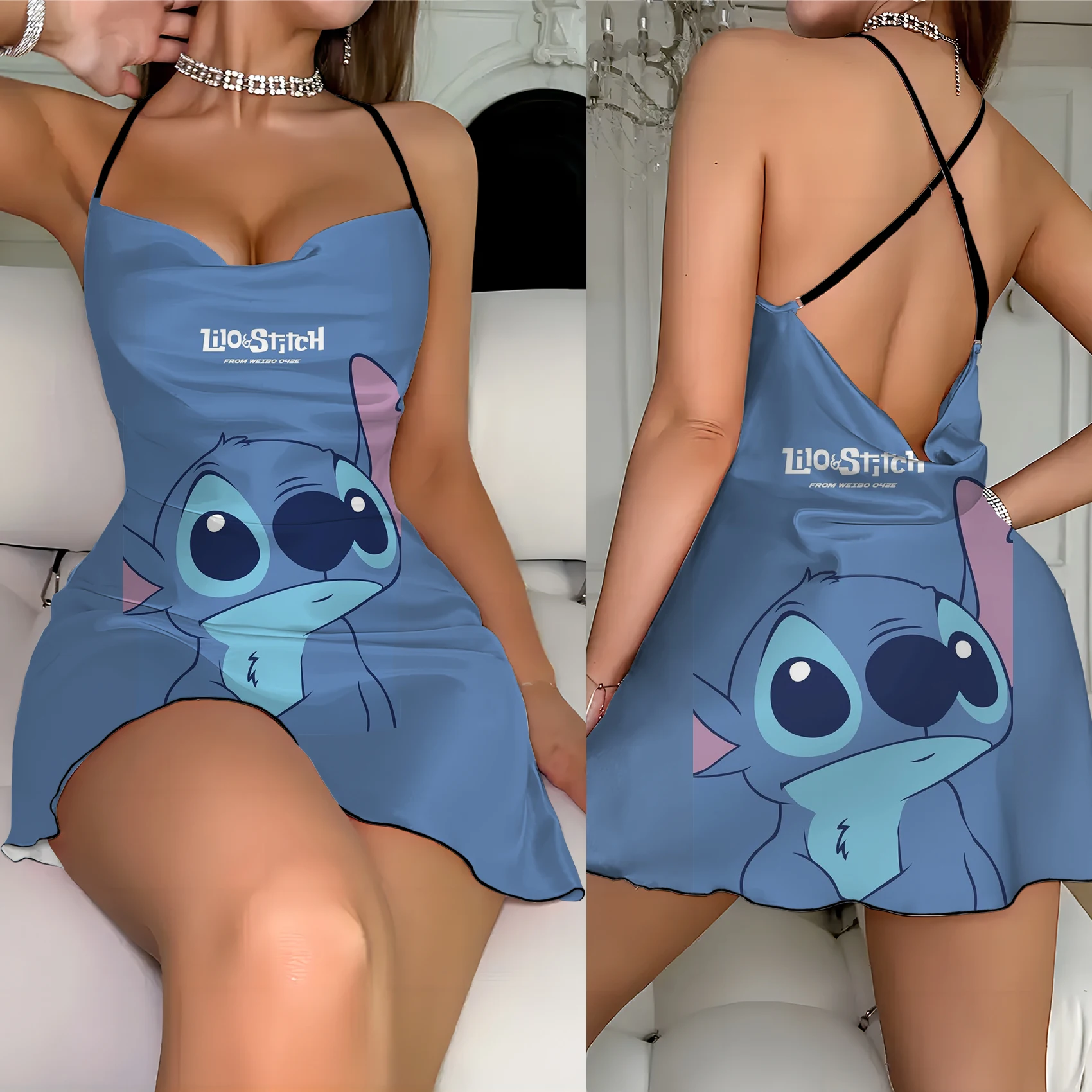 Stitch Crew Neck Disney Home Dress Elegant Dresses for Women Lettuce Trim Pajama Skirt Fashion Summer 2024 Backless Neck Disney