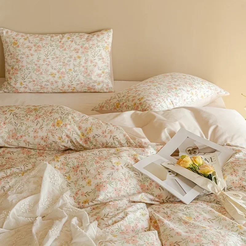 INS simple style small broken flower four-piece set cotton 100 cotton quilt cover sheet bed on the bed