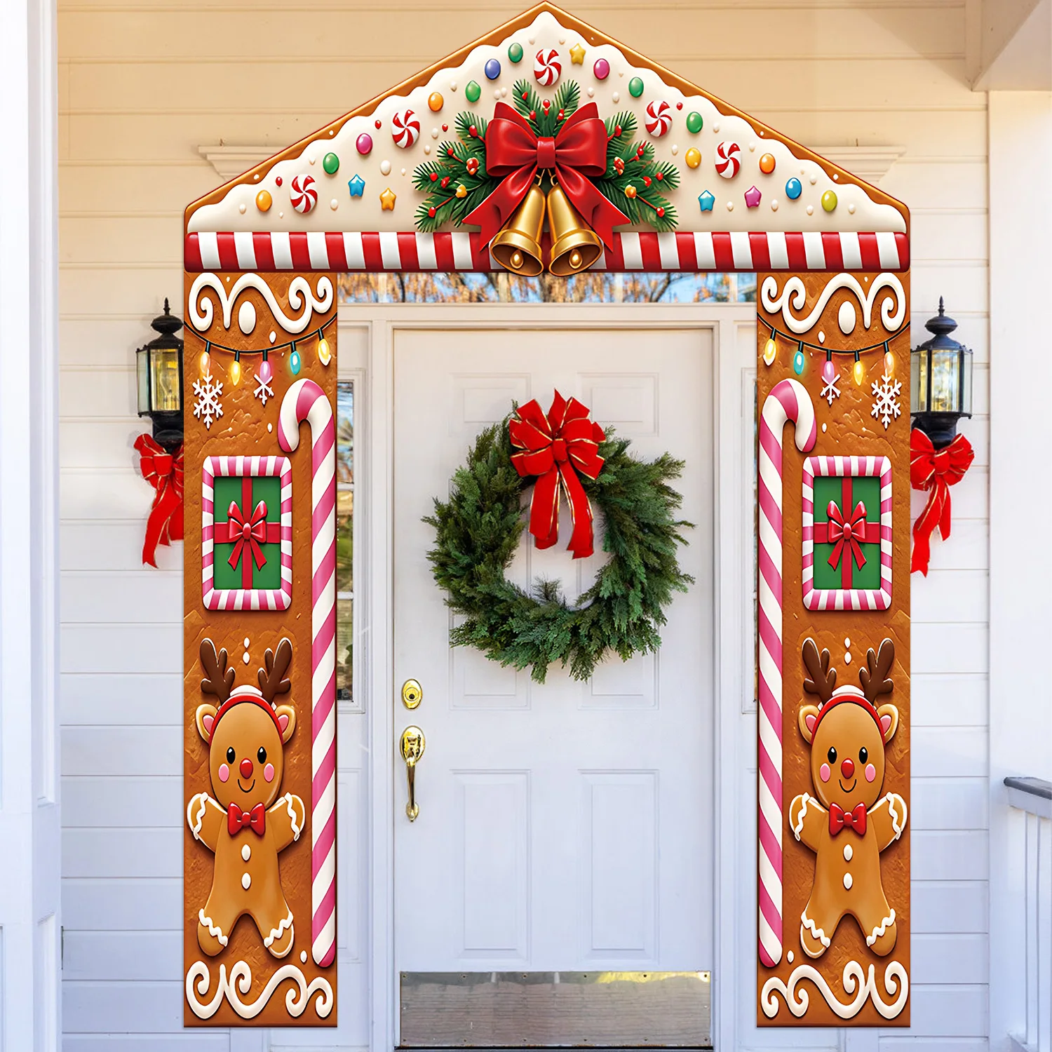 Gingerbread House Christmas Door Frame Decor,With Double‑Sided Tape,Indoor Outdoor Porch Wall Xmas Holiday Decoration