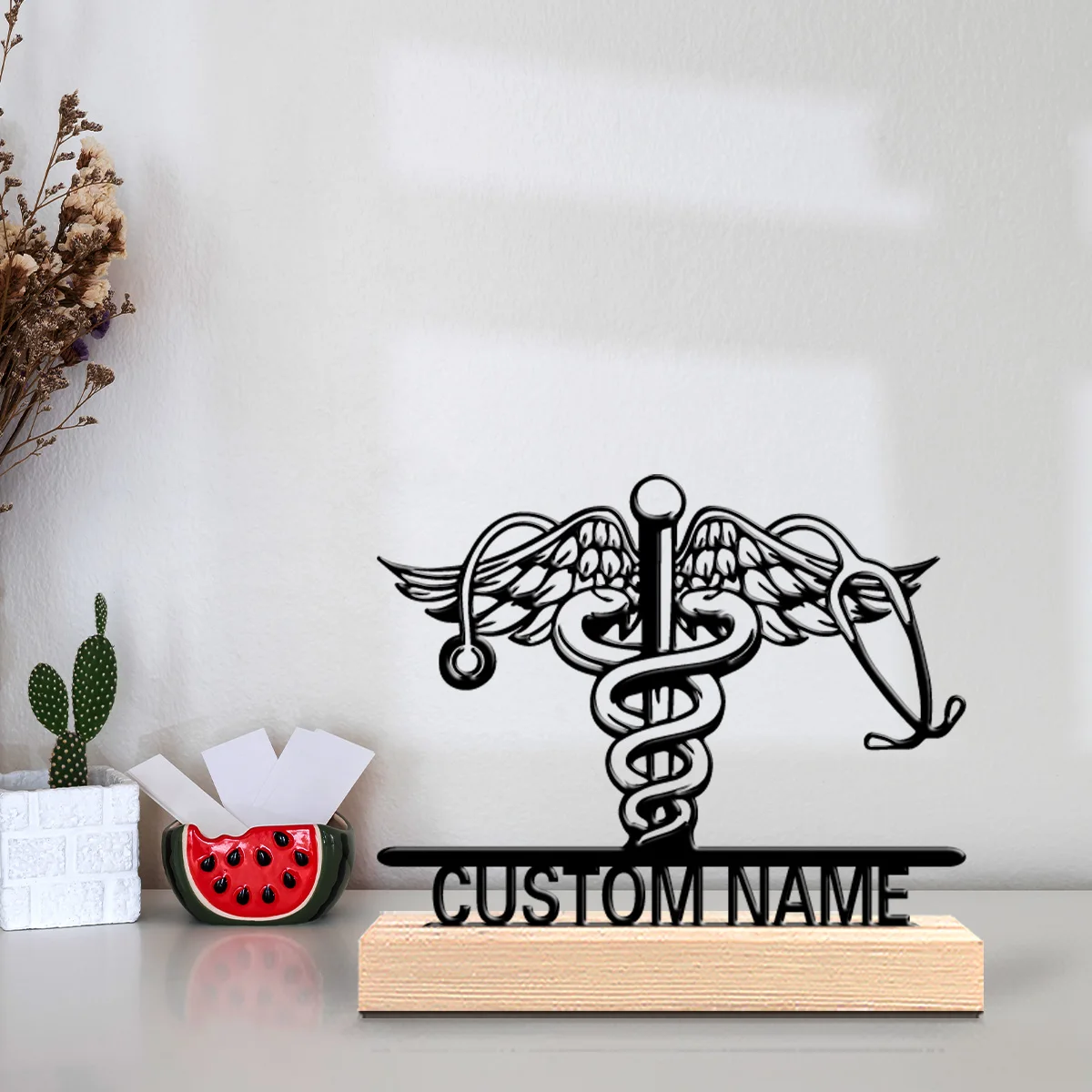 1pc Modern Stethoscope Custom Name Metal Statue Metal Ornament With Wood Base Tin Ornament With Wood Base Bedroom Table