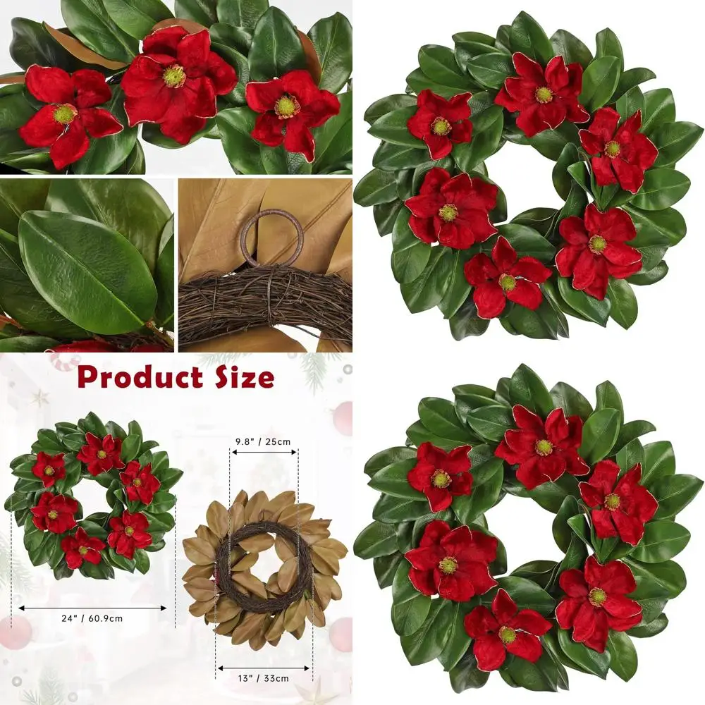 

Бордовый венок из красного и зеленого магнолии, 24, искусственный дверной декор для свадеб, Рождества, Дня благодарения и торжеств дома