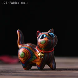 Rainbow Wood Carving Cat Sculptures Cat Ornaments Cute Colored Wooden Cat Turtle Rabbit Chick Snake Miniature Wooden Figurine