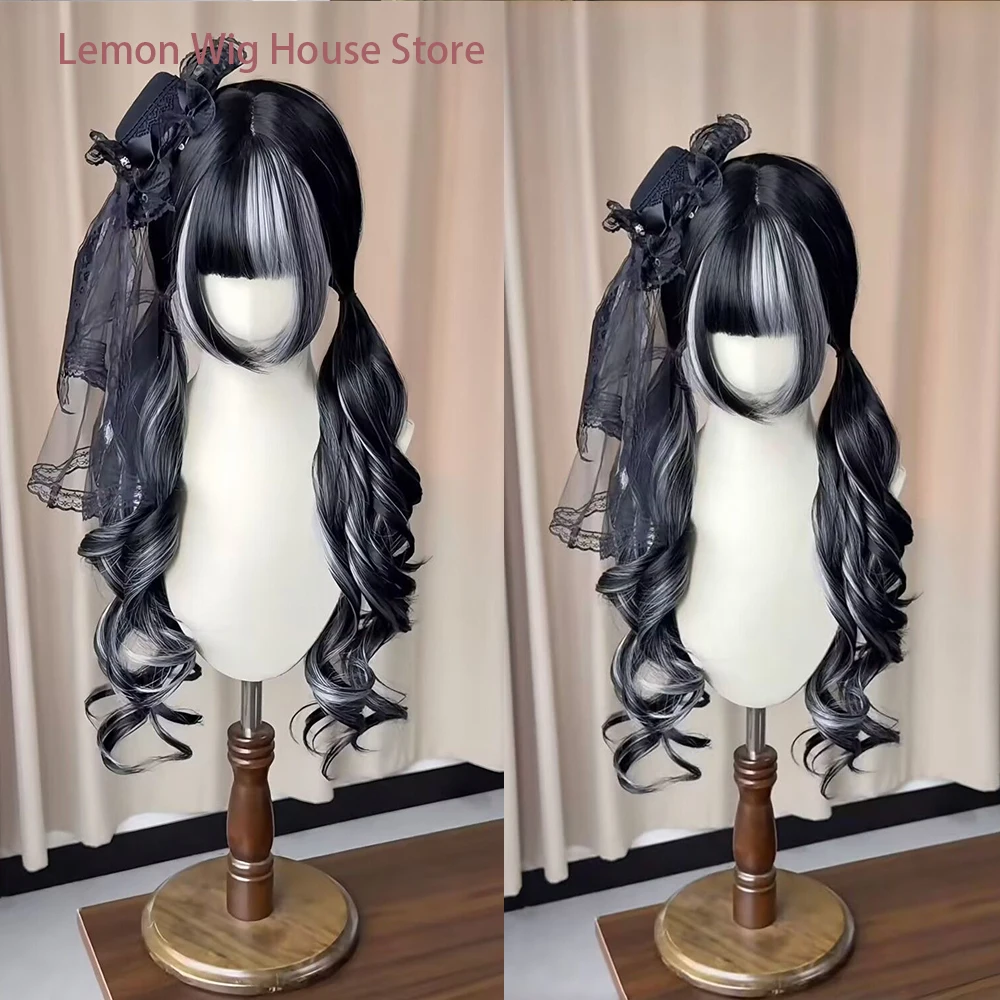 

Black with White Wavy Wig with Bangs Lolita Cosplay Wig for Women Daily Wear Natural Synthetic Hair Halloween Costume Wigs